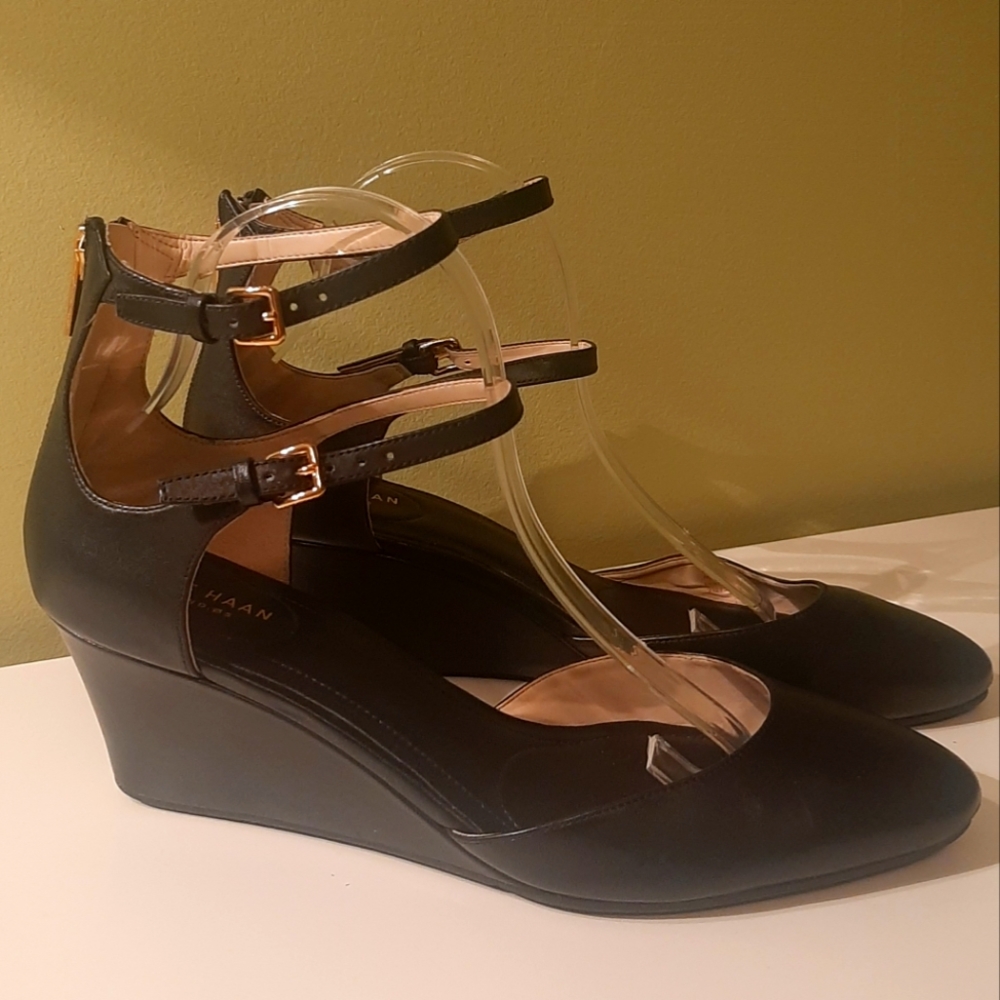 Cole Haan Black Leather Wedge Pumps with Gold Buckles